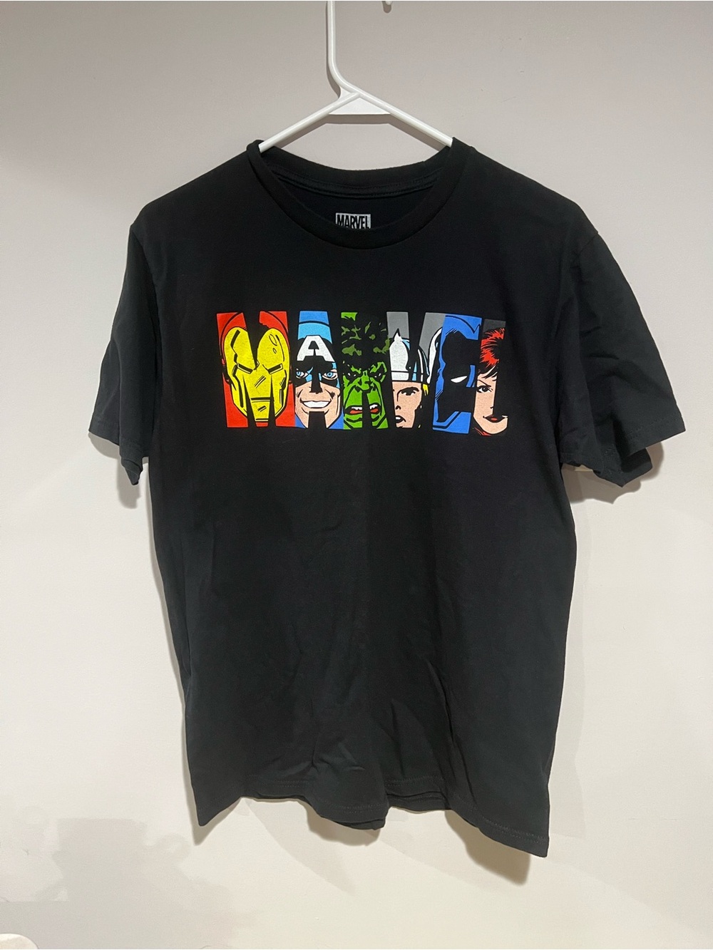 Men’s Marvel Black Short Sleeve T-shirt with Colorful Avengers Faces, Size M